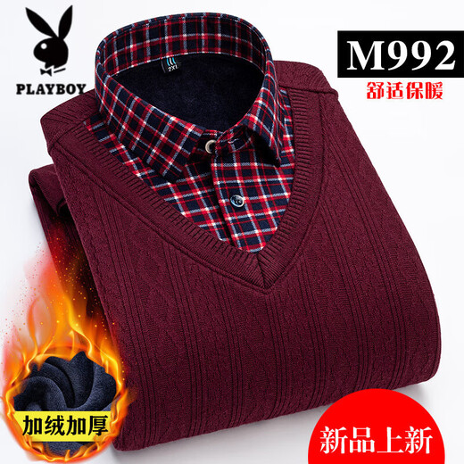 花花公子冬季男士保暖衬衫中青年纯棉假两件针织打底衫毛衣男加绒加厚上衣 M959 3XL (推荐160-178斤)