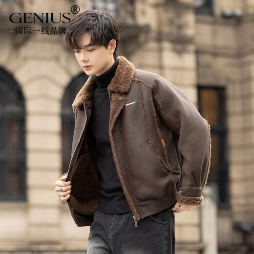 GENIUS国际一线品牌皮毛一体外套男冬季潮牌羊羔毛夹克加绒加厚羊羔绒棉 咖啡色 M