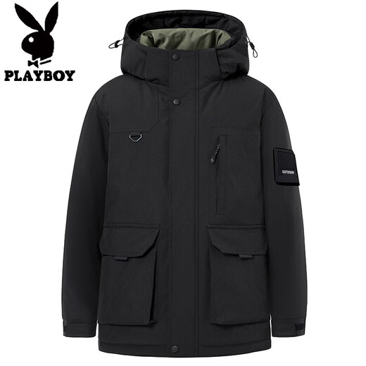 Playboy Plus Size Men's Down Jacket Winter Thickened Warm Hooded Jacket Plus Fat Plus Fat Loose Casual Workwear Trend Military Green L Recommended 120-140 Jin Jin equals 0.5 kg