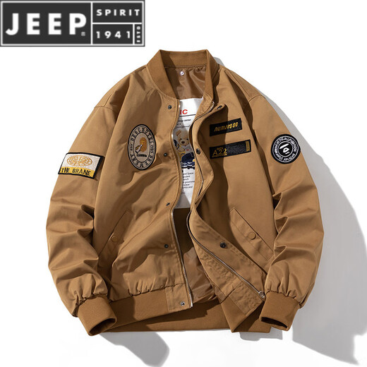 JEEP SPIRITnasa autumn and winter American retro loose baseball uniform bomber jacket men and women couples thickened cotton coat yellow brown (spring and autumn thin style) hooded removable S (80-100Jin Jin equals 0.5 kg)