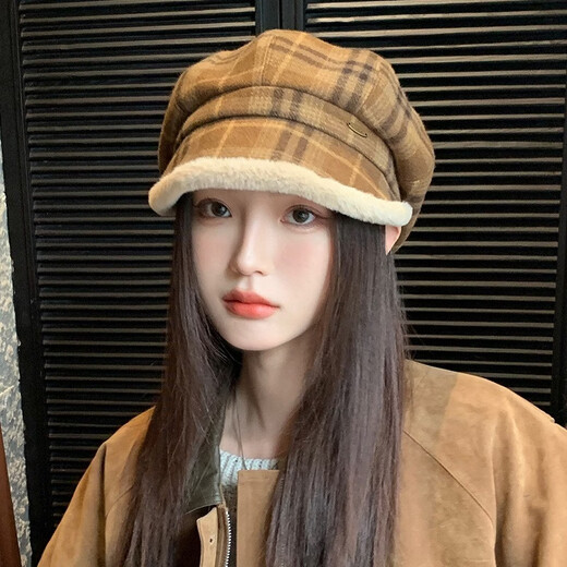 CTRLEND hat versatile plaid fur edge beret women's autumn and winter casual plus velvet thickened octagonal hat to protect against cold and warm painter's hat brown one size