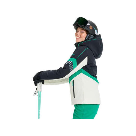 ROXY Women's Soft Shell Jacket Waterproof Windproof Warm Ski Wear Long Sleeve Hooded Outdoor Jacket Schwarz / Grun One Size | L