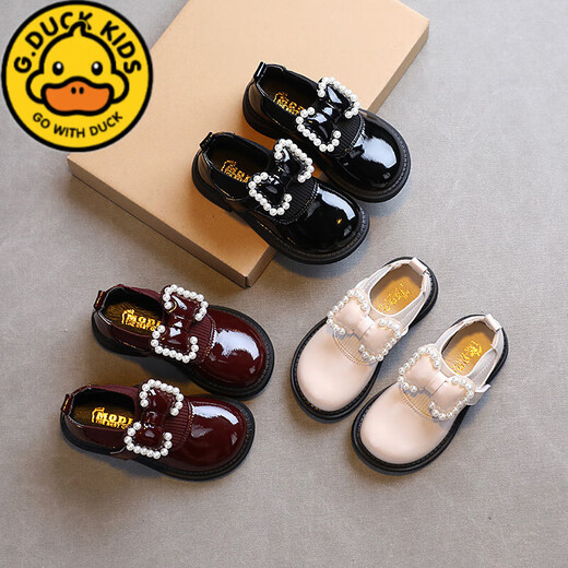 G.duck girls' shoes 2025 spring and autumn new style pearl bow girls princess shoes soft sole leather shoes black performance shoes off-white 25 inner length 15.5cm