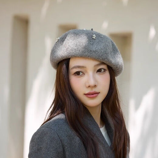Fei Hao wool beret women's autumn and winter pumpkin hat alpaca classic version solid color warm cashmere face showing little buds alpaca rhinestone black one size adjustable