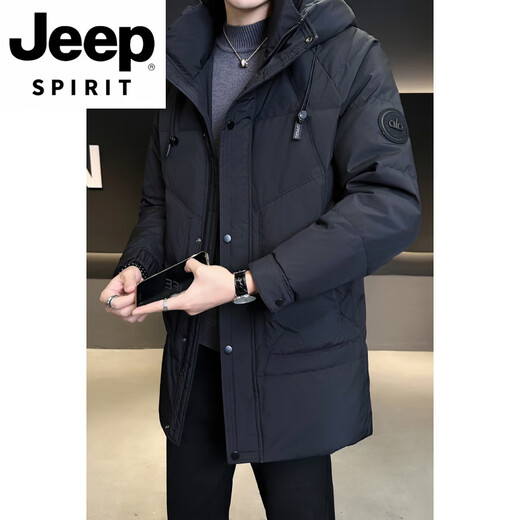 JEEP SPIRIT中长款羽绒服男装冬季2025新款潮牌加厚保暖帅气连帽鸭绒防寒外套 白灰色 XL