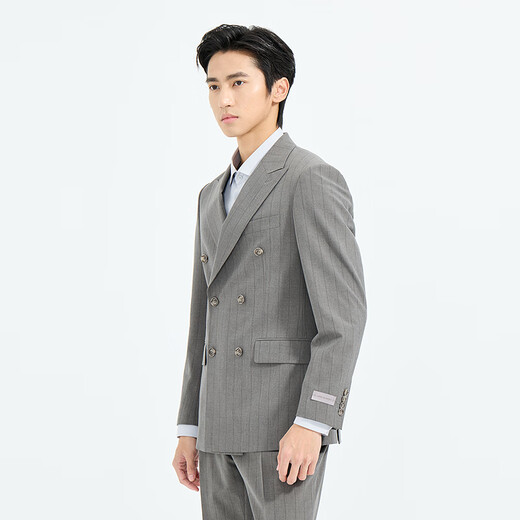 Lilang Youth Business Men's Striped Double-Breasted Suit Men's Stretch Anti-Wrinkle Easy-Care Two-piece Suit Gray Coffee (1YA) 185A