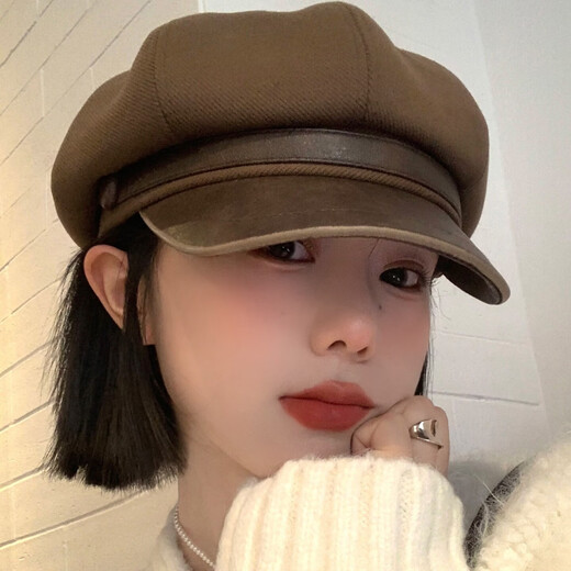 Ershan Jimeirad brown retro beret for women 2025 new autumn and winter face-showing small octagonal hat big head circumference newsboy hat round button octagonal beret brown one size