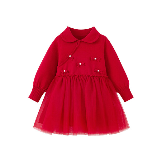 Minibala baby girl dress not easy to pilling knitted mesh sweet New Year greetings red skirt winter