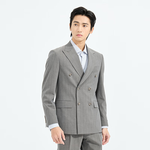 Lilang Youth Business Men's Striped Double-Breasted Suit Men's Stretch Anti-Wrinkle Easy-Care Two-piece Suit Gray Coffee (1YA) 185A