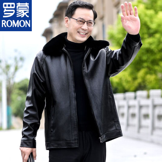 Мужская кожаная куртка ROMON среднего возраста плюс бархатная утолщенная куртка из искусственной кожи, мужская свободная повседневная одежда для папы, осеннее и зимнее пальто среднего и пожилого возраста, съемное плюс бархатное черное утолщенное пальто M 52 (105-120Jin Jin соответствует 0,5 кг)