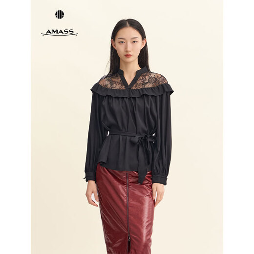 Amash ruffled blouse with light luxury bow elements, sophisticated and elegant top 530140 black S (2)