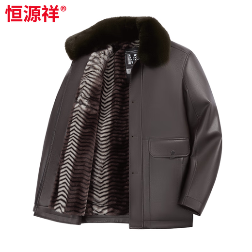 Hengyuanxiang winter velvet thickened leather jacket men's fur collar dad warm jacket middle-aged and elderly winter leather jacket men black 4XL 195