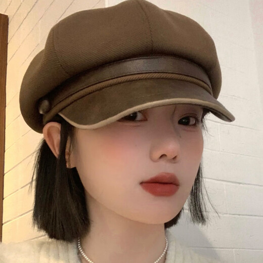 Ershan Jimeirad brown retro beret for women 2025 new autumn and winter face-showing small octagonal hat big head circumference newsboy hat round button octagonal beret brown one size