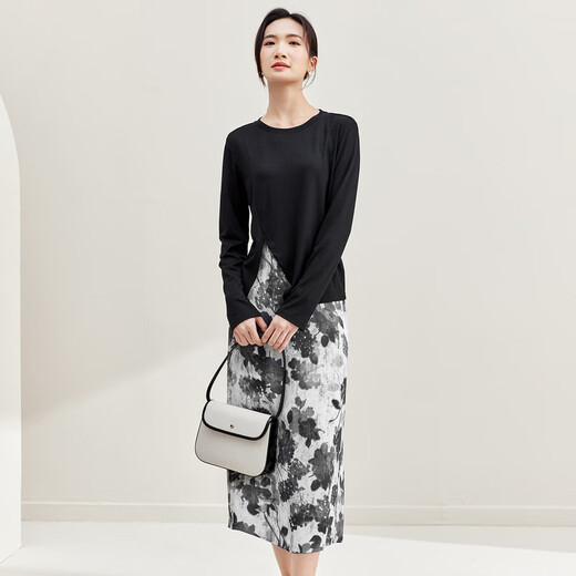 Shandubila Light Retro Design Suit Irregular Slit Top Printed A-Line Skirt Temperament Commuting Suit Black with Color S 90-100Jin Jin equals 0.5kg Recommended choice