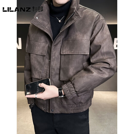 LILANZ official leather down jacket men's winter stand-up collar trendy brand 2025 new casual big pocket American retro thickened winter coat brown-flagship model M 100-130Jin Jin is equal to about 0.5 kg
