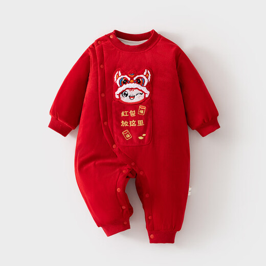 Wua wua baby jumpsuit one-year-old baby quilted autumn and winter outing clothes festive big red red envelope romper suit new year greeting suit big red (red envelope little lion 120g cotton one-piece) 73cm