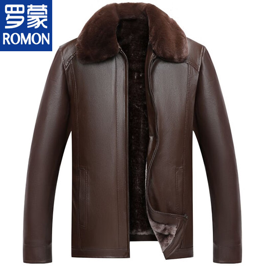 Мужская кожаная куртка ROMON среднего возраста плюс бархатная утолщенная куртка из искусственной кожи, мужская свободная повседневная одежда для папы, осеннее и зимнее пальто среднего и пожилого возраста, съемное плюс бархатное черное утолщенное пальто M 52 (105-120Jin Jin соответствует 0,5 кг)