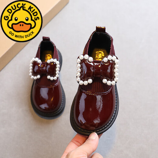 G.duck girls' shoes 2025 spring and autumn new style pearl bow girls princess shoes soft sole leather shoes black performance shoes off-white 25 inner length 15.5cm