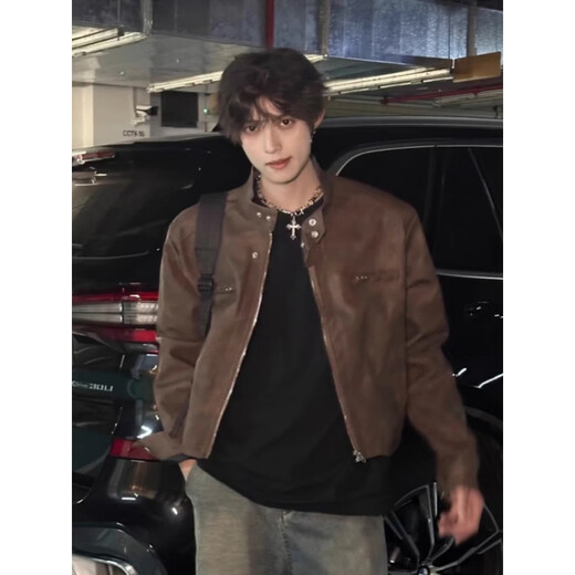 Fat Donglai Supermarket purchasing the same style leather jacket Maillard wear high street handsome jacket men retro brown PU dark brown high quality 2XL
