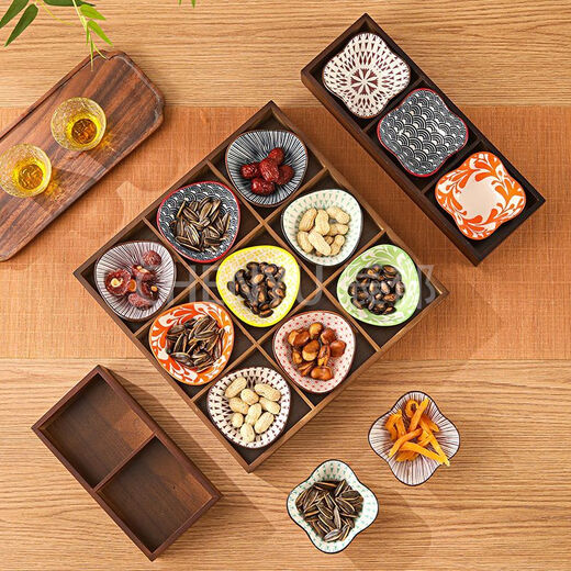 Fantasy walnut color nine-square grid tray household dried fruit tray fruit snack tray around the stove tea snack tray divided grid tray walnut two-square grid