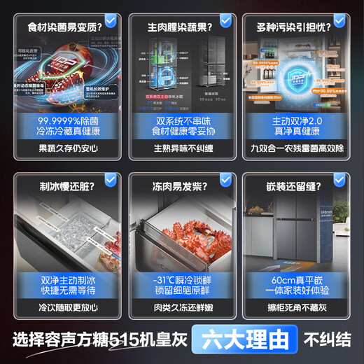Rongsheng Cube Sugar 515L French-style multi-door refrigerator dual system ultra-thin zero-embedded automatic ice making first-class energy efficiency white BCD-515P60FZNAD National Subsidy World Cup BCD-515P60FZNAD Weaver Gray