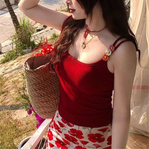 Bai Qixin women's three-piece swimsuit with red straps and hip skirt, sexy hot girl swimsuit for hot spring seaside beach vacation, three-piece swimsuit set, red, one size fits all, recommended 80-120 Jin Jin is equal to 0.5 kg