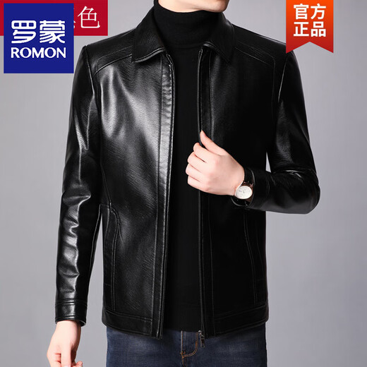 ROMON autumn and winter Haining leather jacket men's loose lapel plus velvet thickened sheepskin leather jacket men's leather jacket dad wear lapel black M 170 100-120Jin Jin equals 0.5 kg