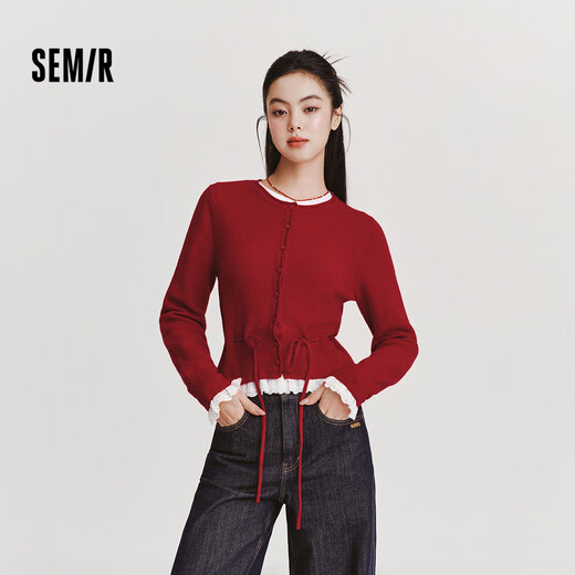 Semir Qiji red sweater women's short fake two-piece top 26 new lace hem two-piece inner wear 109126106001
