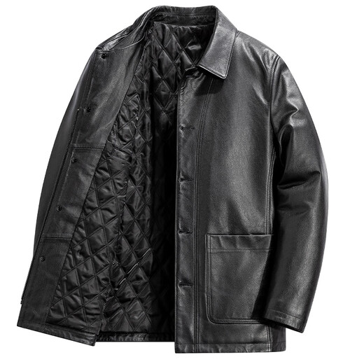 胖东来超市代购海宁皮衣男中年2025冬季新款爸爸装翻领牛皮秋同款 黑色 L 适合110-130斤