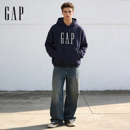 GAP men's and women's winter logo embroidered fleece loose pullover hooded sweatshirt US version 846551