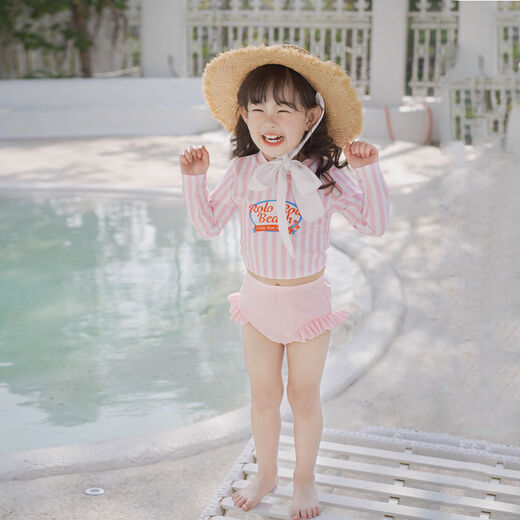 Big Tuan Xiaoyuan Girls' Split Swimsuit 2025 New Children's Long-Sleeved Sunscreen Quick-Drying Swimwear Baby Hot Spring Resort Swimsuit Trendy Pink 90 Size