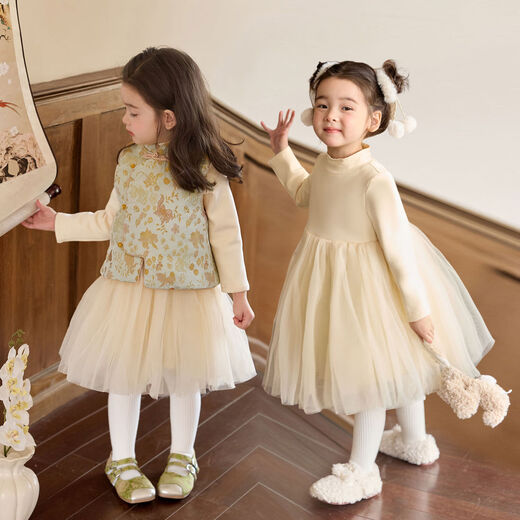 LUSON Little O Bao Children's Clothing Baby Mesh Dress Women's Velvet Half Turtle Collar 2025 Winter Girls Puffy Princess Dress