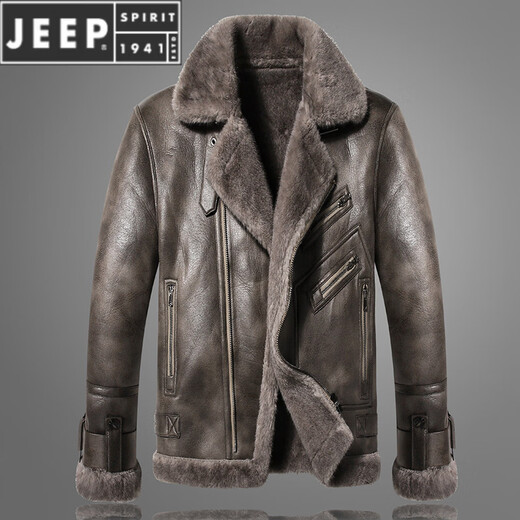 JEEP SPIRIT Estación europea de piel todo en uno para hombre invierno nueva chaqueta de moto de cuero engrosado de terciopelo chaqueta de lana de cordero gris 2XL