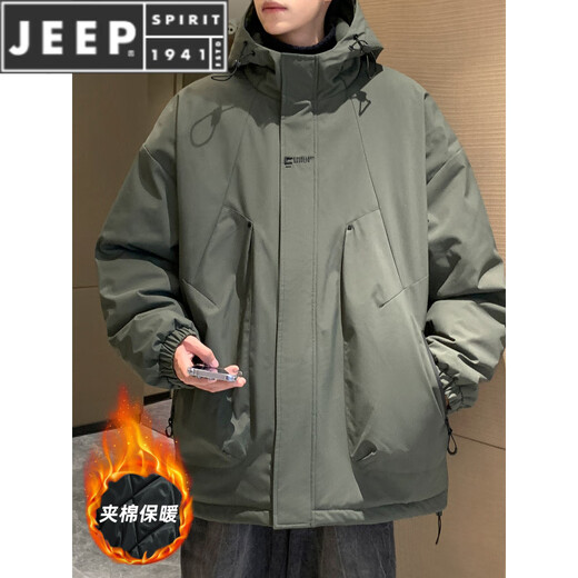JEEP SPIRIT chaqueta cálida acolchada de invierno con capucha para hombre, ropa de trabajo holgada y moderna, chaqueta cortavientos para hombre, estilo acolchado verde oscuro S