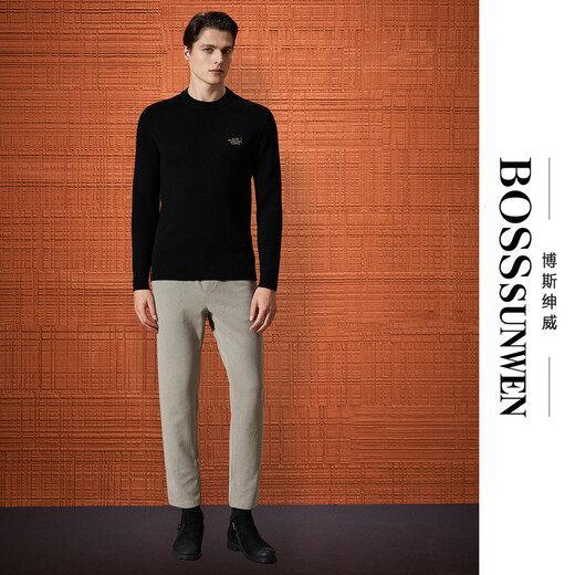 Bosssunwen thickened velvet recommended for winter, skin-friendly and warm solid color bottoming shirt, exquisite embroidery men's woolen sweater, black L