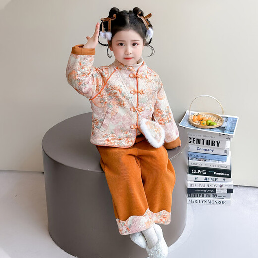 HAL.DUCK Girls' New Chinese Tang Suit Suit Autumn and Winter 2026 New Children's National Style Hanfu Baby Girl New Year's Clothes Winter Clothes Orange Free Bag 130 cm