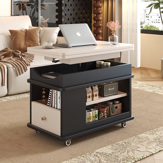 Sofa side table, movable coffee table, small living room side cabinet, multi-functional tea table, lifting and folding solid wood corner table, walnut+white, with lift 700*400*546