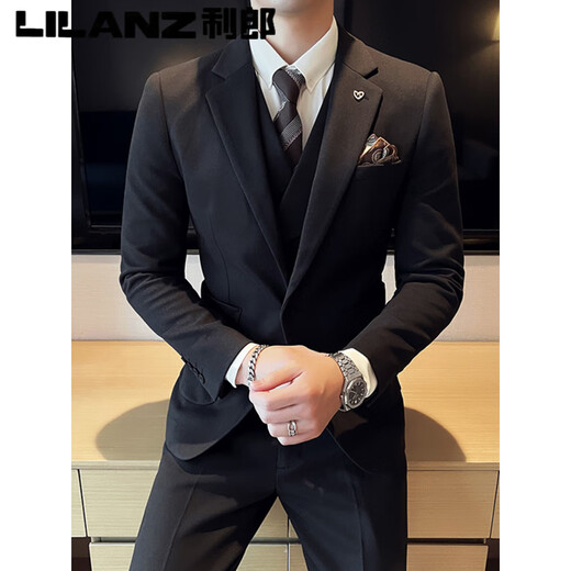 Lilang woolen suit men's winter thickened brown high-end handsome suit men's suit wedding dress men's casual dark gray (suit + pants) free tie 3XL
