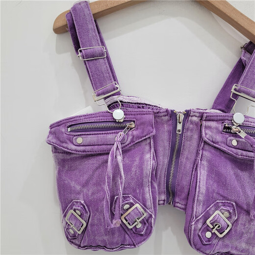 European and American style design three-dimensional work clothes pockets retro hot girl denim tube top suspender sleeveless top for women trendy purple 12156 S