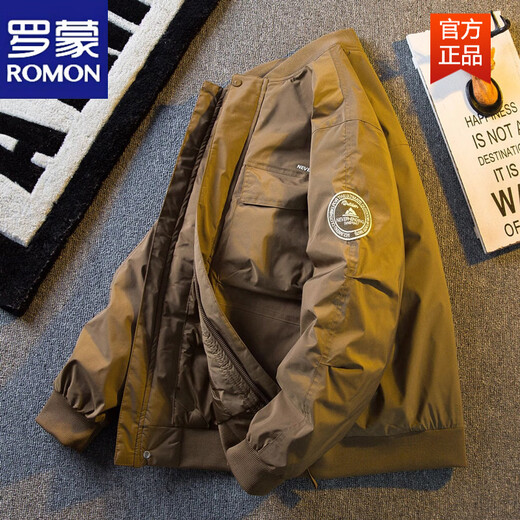 罗蒙（ROMON）美式工装羽绒服男士外套2025秋冬季新款潮流痞帅棒球领飞行员夹克 咖绿色 白鸭绒羽绒服 M 100-115斤