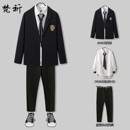 Teenage high school students adult dress suit uniform Japanese college style jacket men's trendy Korean suit men's suit clothes 3 pieces black suit + white shirt + black pants XL