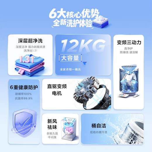 TCL upgraded water cyclone variable frequency three-power impeller 12KG large capacity household fully automatic washing machine 1.31 wash ratio trade-in national subsidy B120T6-DP