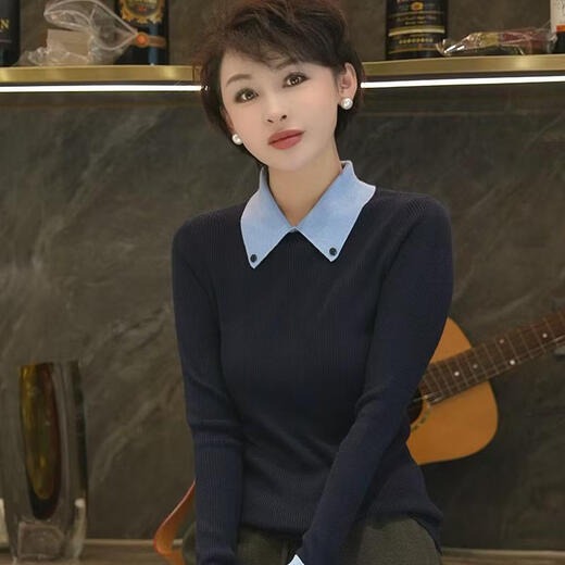 Light luxury quality, fashionable design, elegant lapel sweater, versatile, slimming and age-reducing polo collar top base, navy M (recommended 90-120 Jin Jin equals 0.5 kg)