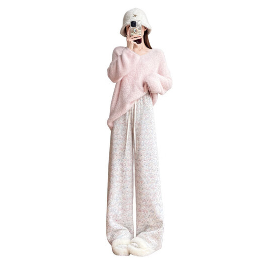 Rainbow glutinous rice pants for women in autumn and winter new style plus velvet high waist slimming drape straight loose soft glutinous knitted wide leg pants Rainbow Dots One size fits all (80-140 Jin Jin equals 0.5 kg) Suitable temperature 5-10 degrees One size