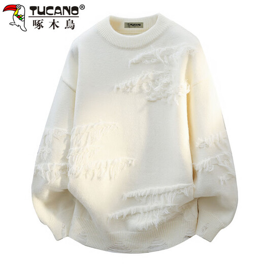 Woodpecker (TUCANO) sweater men's winter round neck sweater loose thickened warm base shirt lazy sweater jacket white XL