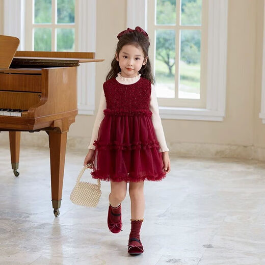 Tonglou Meng Girls Dress Autumn and Winter 2025 New Year's Eve Birthday Children's Winter Clothes One-Year-Old Dress Princess Red Red Velvet Tank Top 100