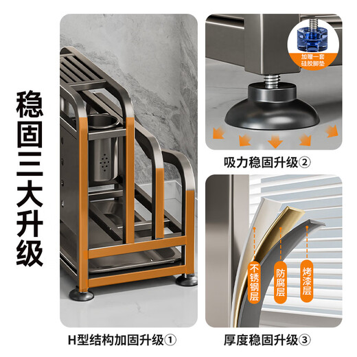 Fantasy stainless steel kitchen knife rack wall-mounted multi-functional cutting board, knife and chopstick cage integrated storage rack. Main image gun gray. Width and height. Knife guard+double chopping board/pot lid rack+