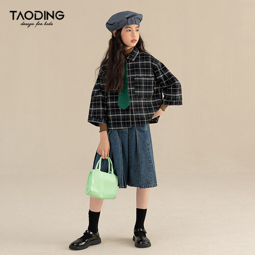 Taoding girls' shirt three-quarter sleeves spring and autumn new style medium and large children versatile dark green plaid Korean style loose college shirt dark green 160