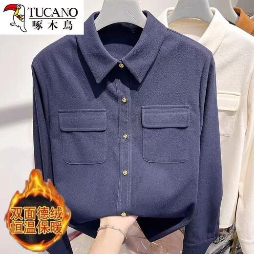 Woodpecker 2025 new Korean temperament autumn and winter velvet thickened shirt women's slim lapel double pocket long-sleeved warm shirt apricot S