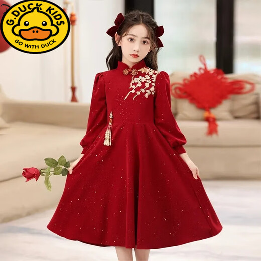 G.duck fashion red New Year dress for primary and secondary school students girls autumn and winter new fashion Chinese New Year shirt skirt red 140 cm